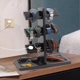 Xnwouco Watch Stand for Men, Watch Display Stand with Charger Groove, Wooden Watch Holder Stand, Jewelry Holder Organizer for Rings, Jewelry, Coins Bracelets, Great Gifts for Men Women, Black Xnwouco