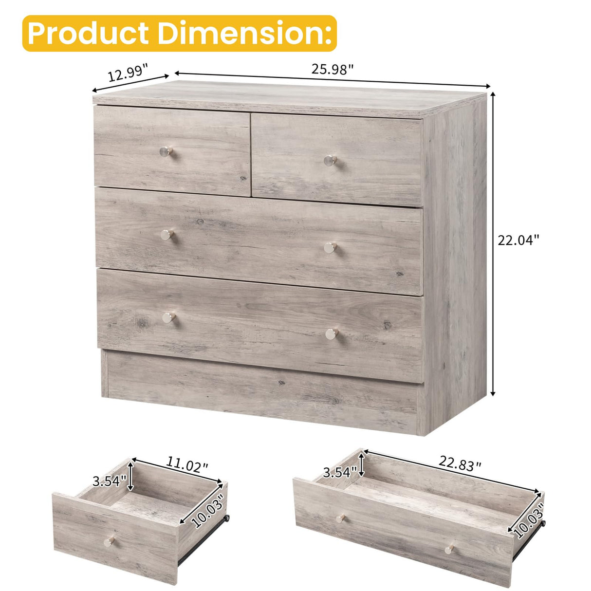 Karl home Grey 4 Drawer Dresser for Bedroom, Modern Wood Dresser Chest of Drawers, Rustic Bedroom Dressers Nightstand, Anti-Tipping Device, Rose Gold Metal Handle, Living Room, Hallway, Office Karl home