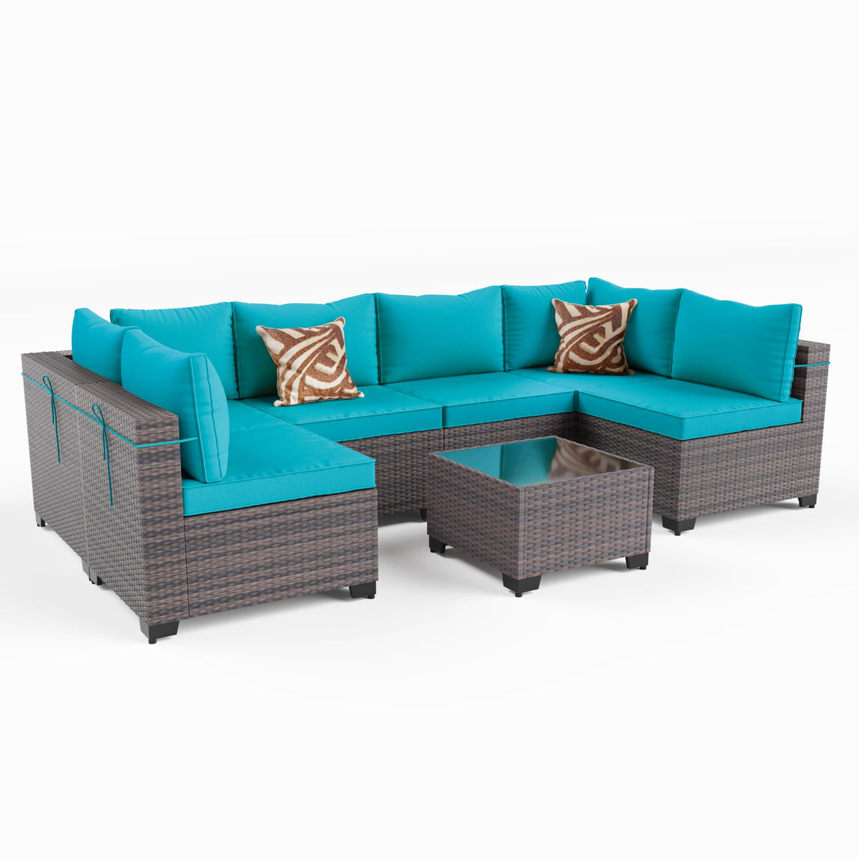 Kullavik 7 Pieces Outdoor Patio Furniture Set,Wicker Outdoor Sectional Sofa,All-Weather Patio Conversation Sets with Washable Thick Cushions & Coffee Table for Garden,Backyard,Balcony,Porch,Blue Kullavik