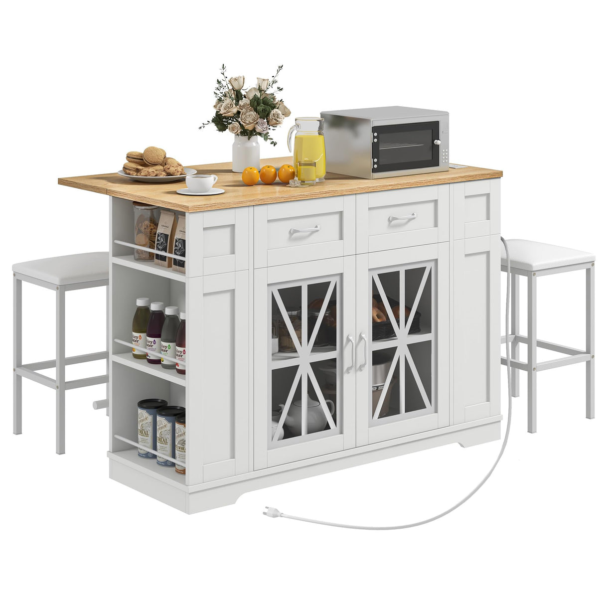 DWVO Kitchen Island Set with 2 Stools and Drop Leaf 3 Piece Kitchen Dining Table Set, 47 Inch Kitchen Island with Seating, Storage Cabinet on Wheels with Power Outlet, Spice Rack (White Oak) DWVO
