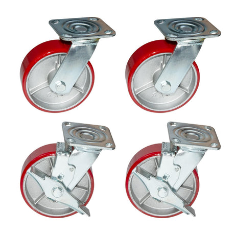 Nisorpa 8 inch Heavy Duty Caster Set of 4 Red Polyurethane Steel Caster Wheels Flat Free for Industrial Trailer Furniture - 2 with Brakes and 2 without Brakes Nisorpa