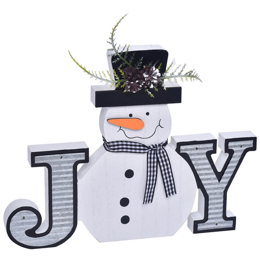 Wooden Christmas Block Sign, Snowman Decor, Premium Winter Decorations for Home, Indoor Snowman Decorations, Christmas Joy Sign for Mantel, Table Centerpiece, Holiday Decor (White)