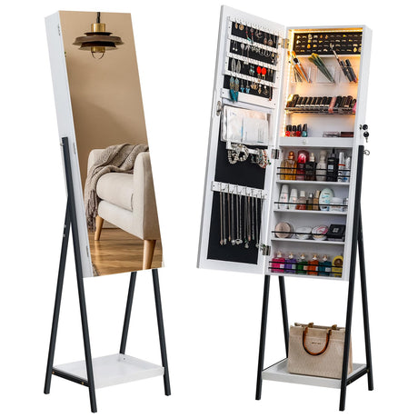 Bonnlo Jewelry Cabinet Full-Length Mirror, Lockable Jewelry Armoire with LED Light, Freestanding Jewelry Box, Large Capacity Organizer with Cosmetic Storage Shelves Bonnlo