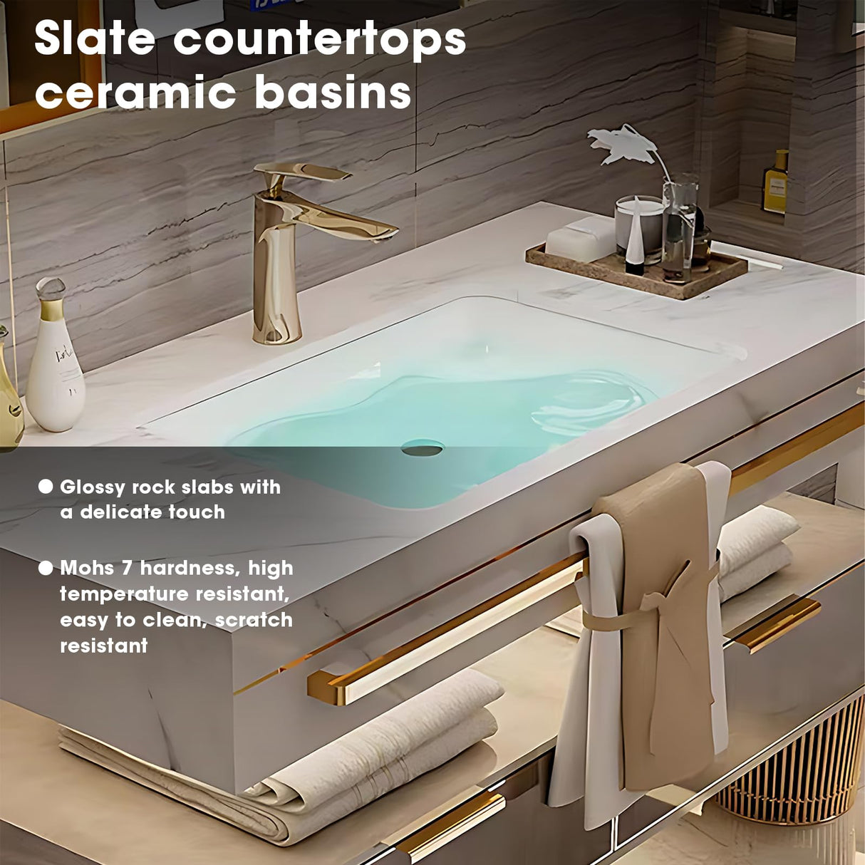 High QLO Bathroom Vanity - Double Floating Vanity Cabinet Sink and Glass Multilayer Solid Wood Modern & Bathroom Led Mirror (60IN) High QLO