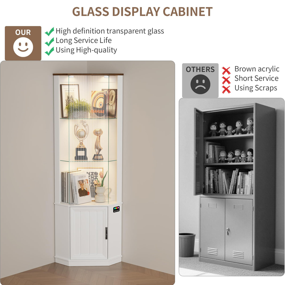 Lvifur 69" Corner Glass Display Cabinet with RGB Lights,3-Tier Movable Glass Shelves,Curio Display with Human Body Sensor,Bookcase with Storage Cabinet for Toys,Books,Collectibles,Liquor,White Lvifur