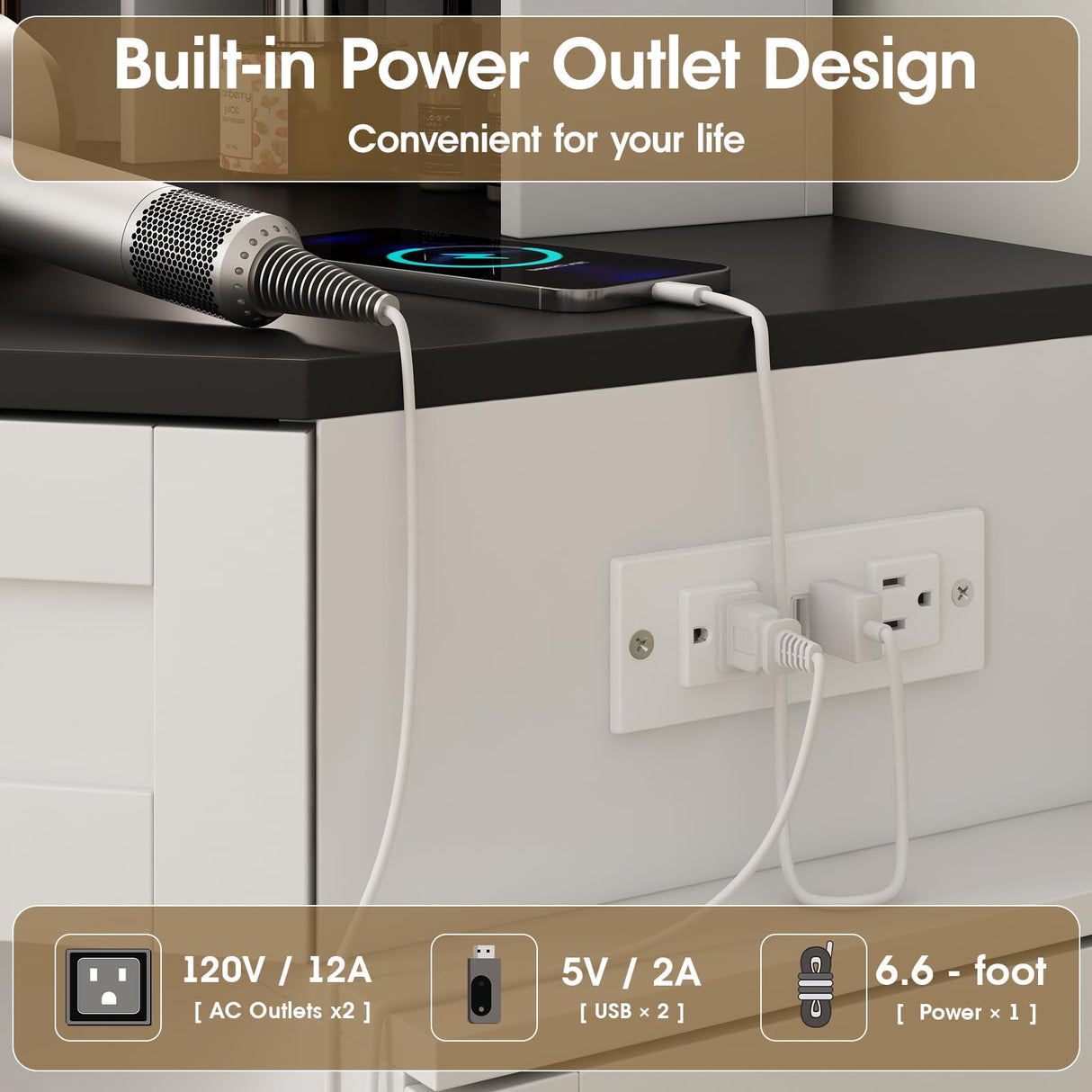 Fameill Corner Vanity Desk with Tri-Fold Mirror and Adjustable Light, Makeup Dressing Table with Power Outlet, 3 Drawers, Sliding Cabinet, Open Shelves, White Vanity Desk for Bedroom, Women, and Girls Fameill