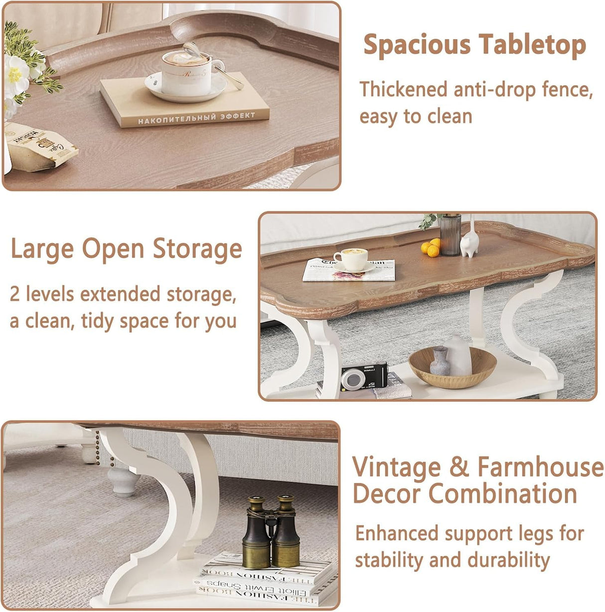 Function Home Farmhouse Coffee Table, Modern Cocktail Table with Storage Shelf, Sofa Table with Natural Tray Top and Carved Legs for Living Room, Bedroom, Dining Room in Vintage White Function Home