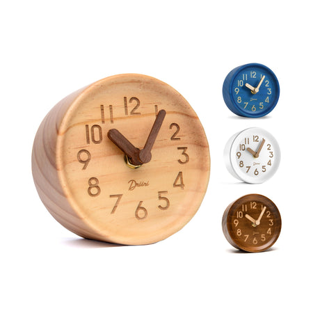 Driini Wooden Analog Desktop Clock – 4.3 in. Decorative Pinewood Clock, No-Tick Design – Easy to Read Silent Sweep Mantle Clock – Quiet Tabletop Clocks with Wood Body, Hands, & Battery Cover; Light Driini