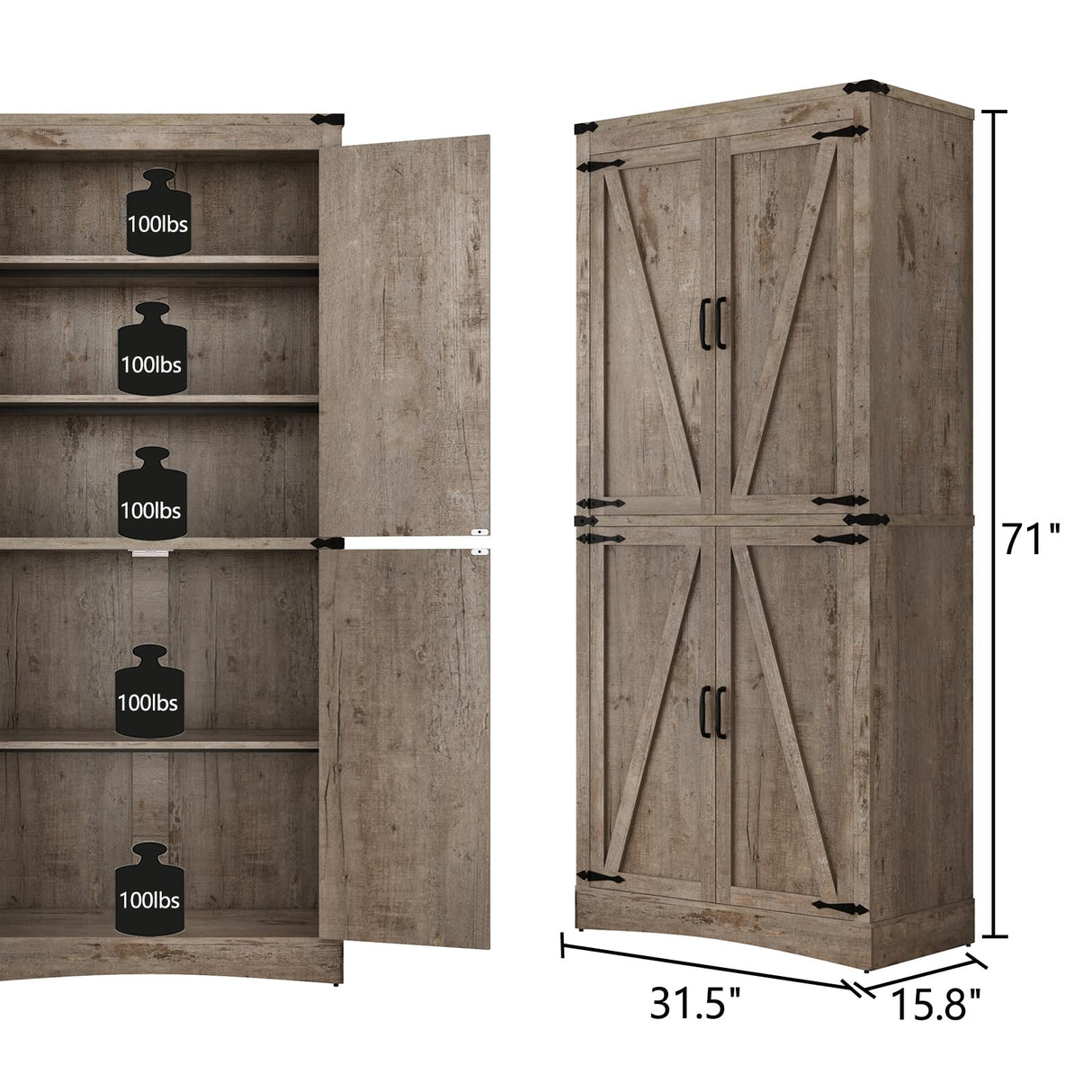 71in Farmhouse Kitchen Pantry Cabinet,Tall Storage Cabinet with 4 Doors and Adjustable shelves,with Load-Bearing Steel Pipe,Wood Storage Cabinets for Kitchen,Dining Room,Bathroom(Light Rustic Oak) chartustriable
