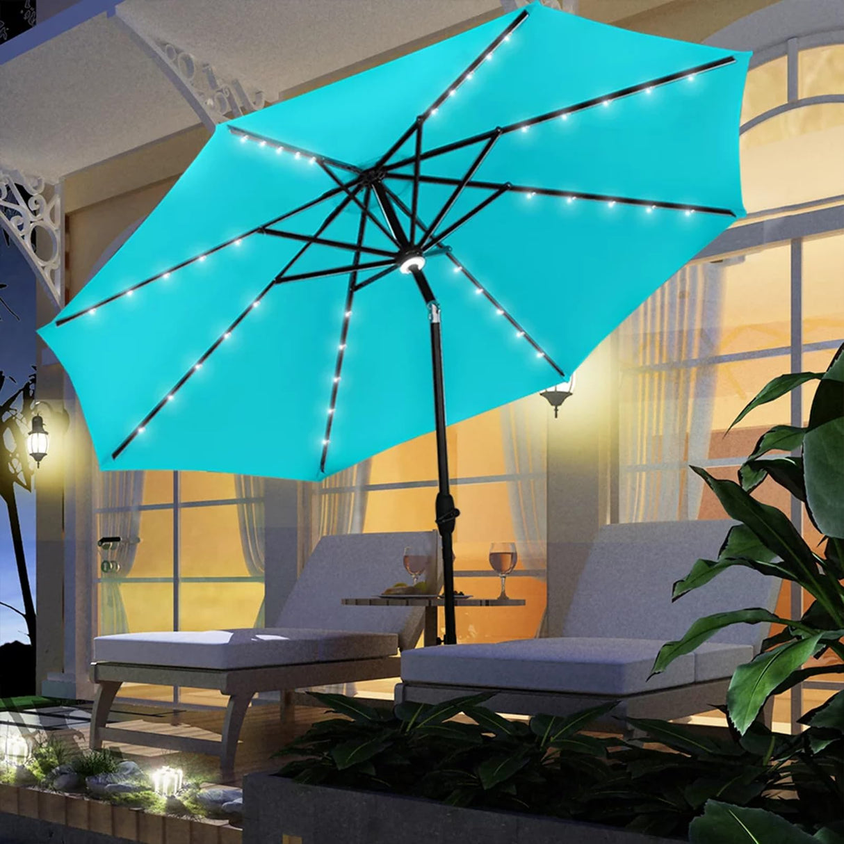 GDY 10Ft Patio Umbrella, Solar Powered 40 LED Lighted Outdoor Table Market Umbrellas with Tilt and Crank, Center Light (Lake Blue)… GDY