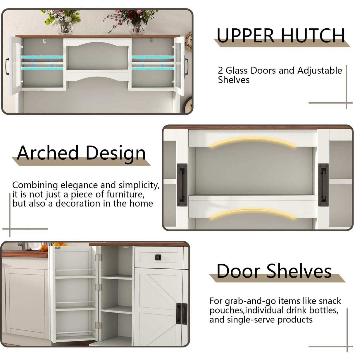 60" Tall Farmhouse Kitchen Pantry Storage Cabinet,Kitchen Hutch with Microwave Stand,Freestanding Buffet Pantry Cabinet with Glass Door and Adjustable Shelves for Dining Room (White) Gyfimoie