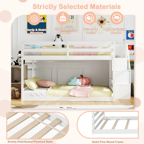 KOMFOTT Wood Full Over Full Low Bunk Bed with Storage Staircase, Wooden Bunk Bed Frame with Full-Length Guardrails, Low Profile Kids Bed with Slats Support, No Box Spring Needed KOMFOTT