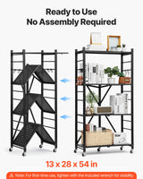 VEVOR 4-Tier Foldable Storage Shelf, 28W x 13D x 54H Inch Folding Metal Rack Shelving Unit, No Assembly Organizer Shelf with 5 Wheels & 4 Hooks for Pantry, Kitchen, Garage, Basement, Black VEVOR