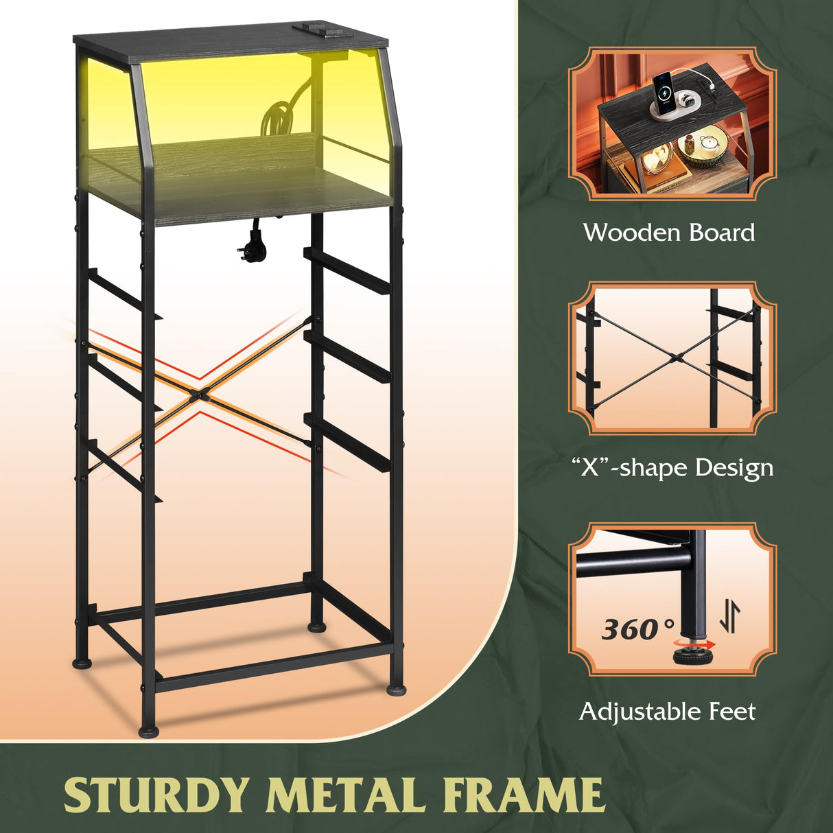 WLIVE Night Stand with Charger Station, Tall 4 Drawer Dresser for Bedroom, Black Nightstand with LED Light, Bed Side Table for Living Room with Shelf, Fabric Storage Bins, Metal Frame, Wood Furniture WLIVE