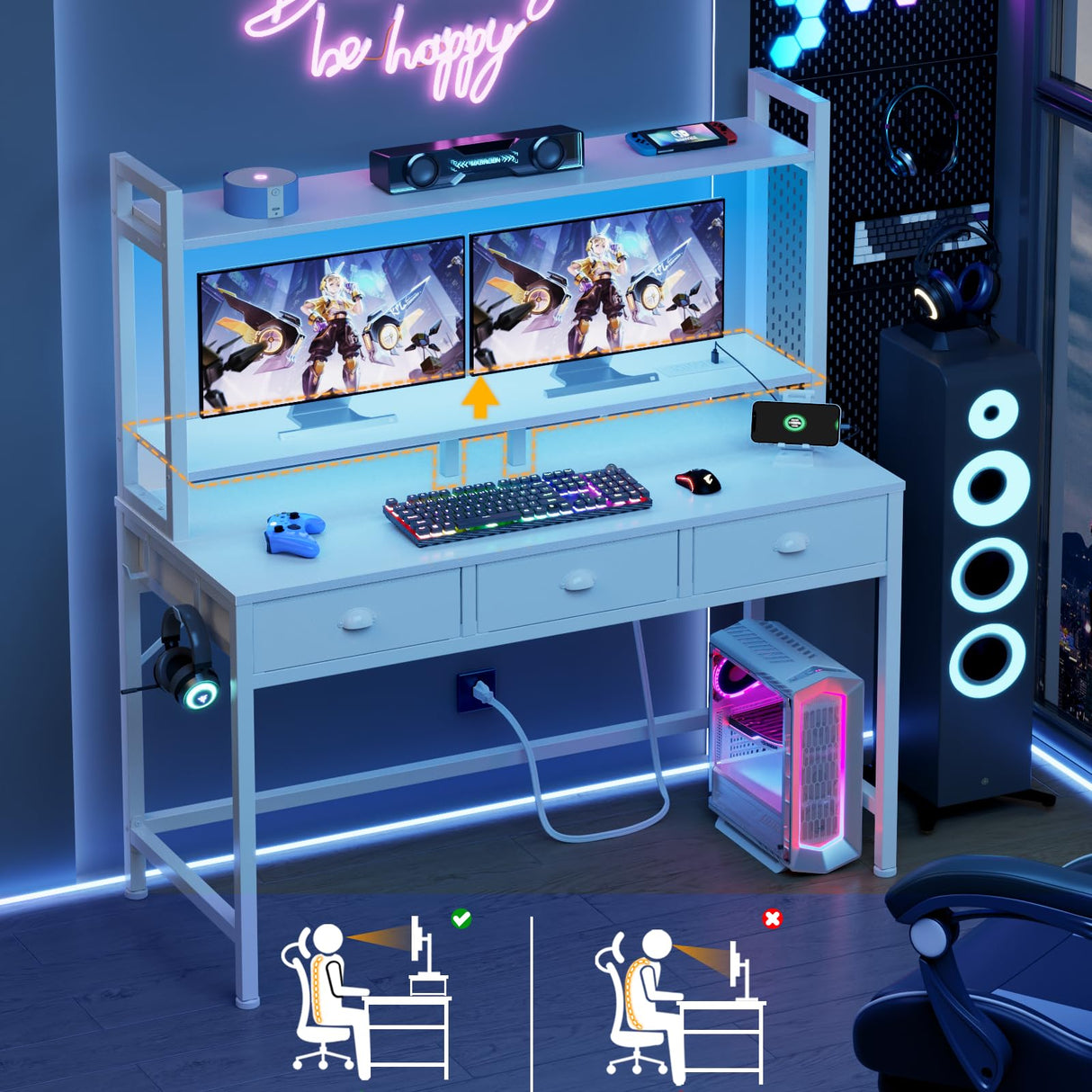 Furologee Computer Desk with 3 Drawers, 47 Inch Home Office Desks with Power Outlet and LED Light, Gaming Desk with Monitor Stand and Hutch, Modern Work/Writing/Study Table for Bedroom, White Furologee