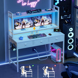 Furologee Computer Desk with 3 Drawers, 47 Inch Home Office Desks with Power Outlet and LED Light, Gaming Desk with Monitor Stand and Hutch, Modern Work/Writing/Study Table for Bedroom, White Furologee