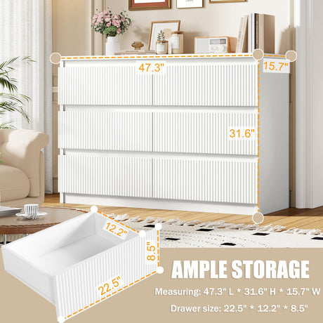 Jocoevol White 6 Drawer Dresser for Bedroom, Modern Fluted Dresser with Deep Drawers, Large Double Wooden Chest of Drawers for Living Room, Hallway, Entryway (White) Jocoevol