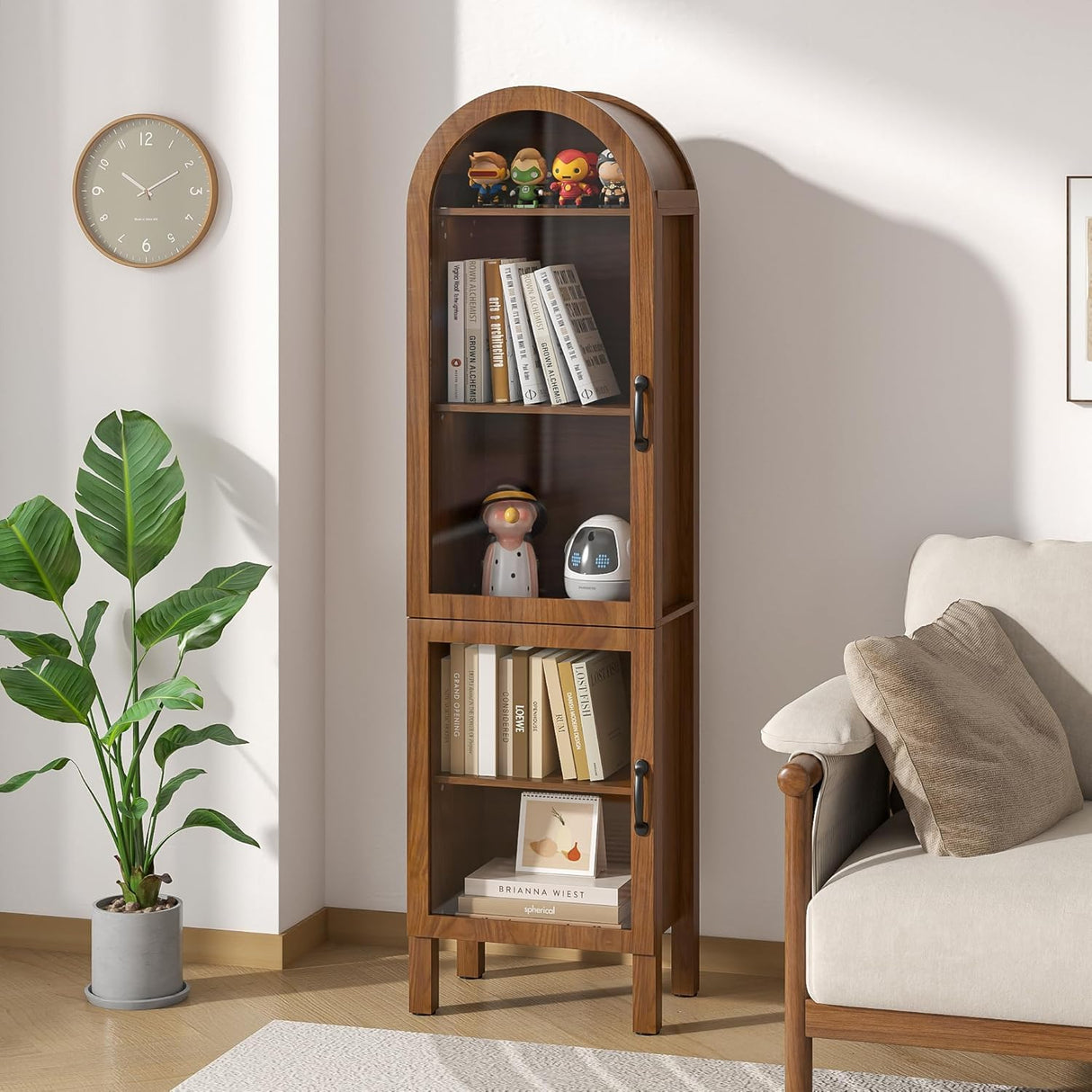 Lxsxlome 64.17 in Tall Arched Display Cabinet with Acrylic Glass Doors 5-Tier Kitchen Pantry Storage Cabinets Modern Wood Curio Cabinet Bookcase for Living Dining Room (Walnut, 16.92‘’W) Lxsxlome