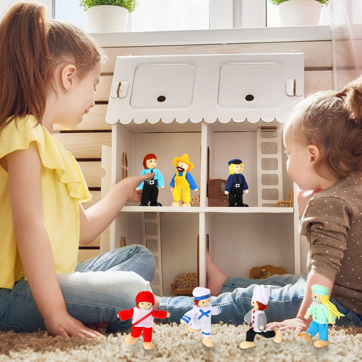 Skylety 10 Pcs Wooden Dollhouse Set of Mini People Figures Dollhouse Dolls Wooden Doll Pretend Play Figures Accessories(Fresh Style) Skylety