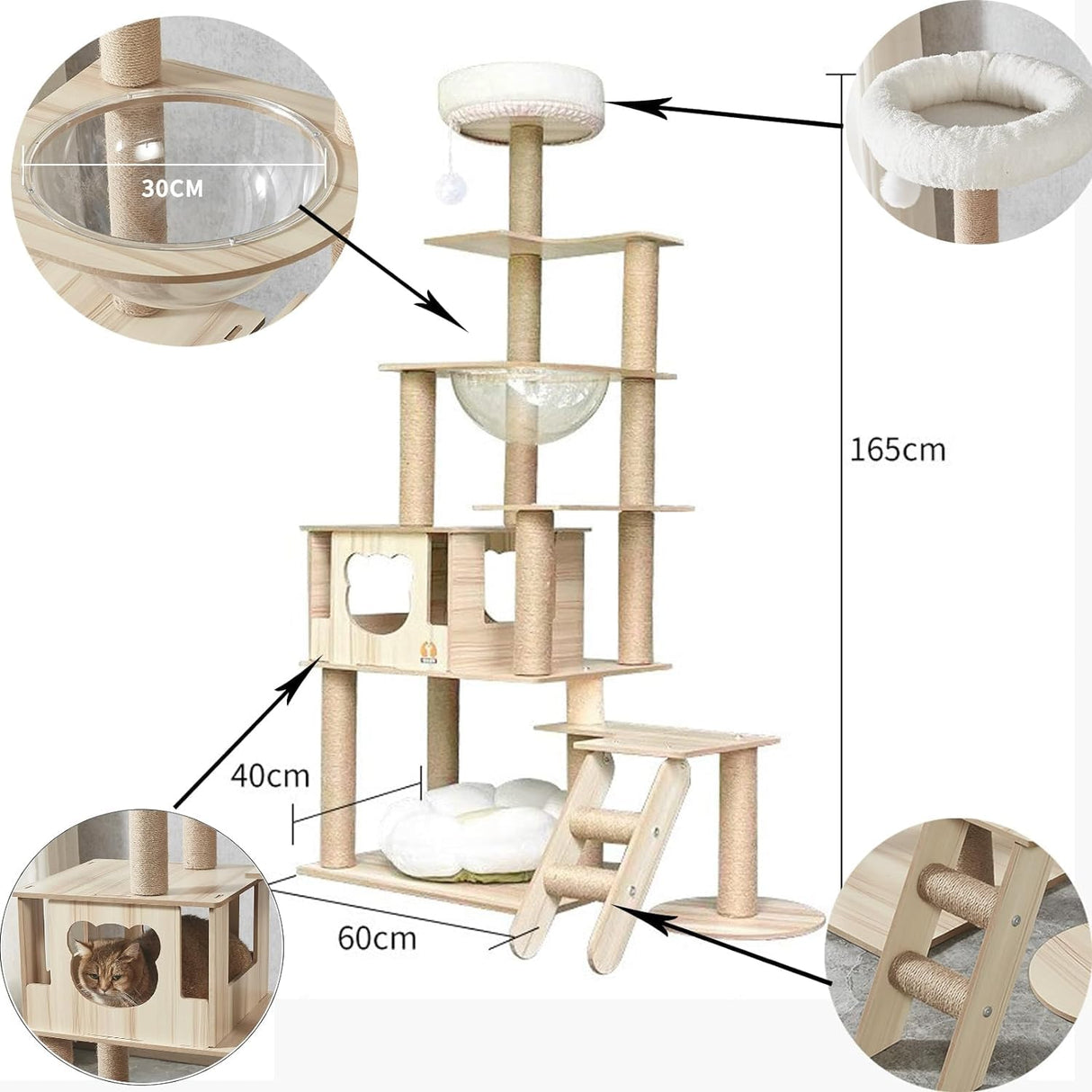 Mekidulu 65-Inch Multi-Pure Wood-Level Cat Tree Tower with Condo, 13 Scratching Posts, with Padded Platform Bed, Toy Balls, and Sisal Scratching,Cat Tree for Indoor Cats Large Adult，Wood cat tree. Mekidulu