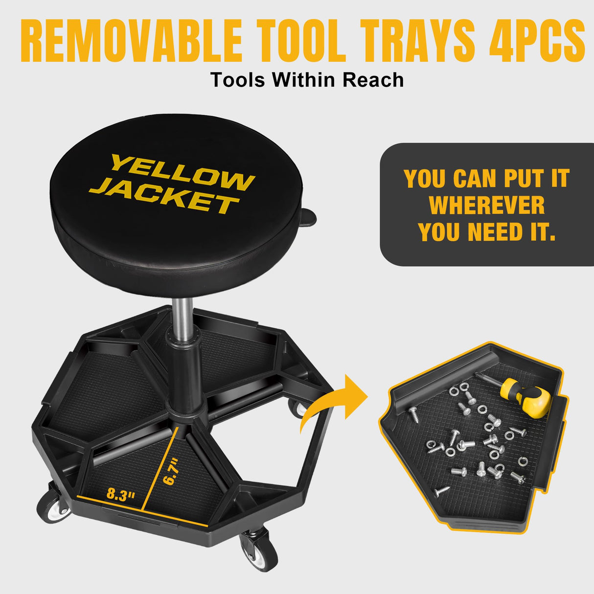 YELLOW JACKET Rolling Garage Seat Adjustable Pneumatic Shop Creeper Seat 300Lbs Mechanic Stool with Wheels and Removable Tool Tray Storage Workshop Chair for Auto Repair YELLOW JACKET
