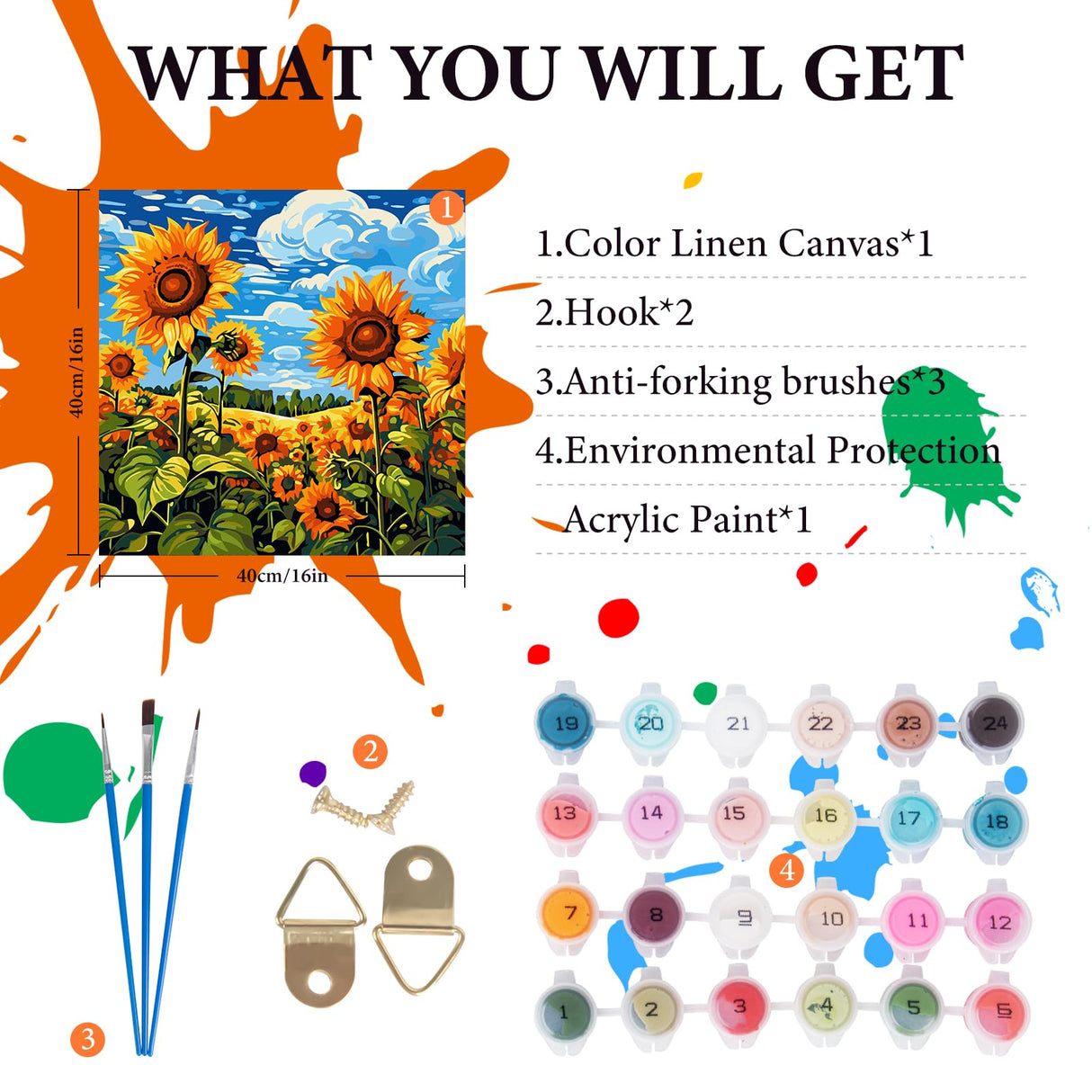 Fountor Paint by Numbers Kit for Adults Beginner, Sunflowers Adult Paint by Number Kits on Canvas Without Frame, Sunflower Field Landscape Oil Paint by Numbers for Home Decor Gift 16” W x 16”L Fountor