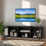 Runglecho Mid-Century Modern TV Stand and Cabinet for 65, 70 and 75 Inch Televisions, Black Glass Entertainment Center with Storage, Stylish Console Table for Living Room and Bedroom (Black) Runglecho