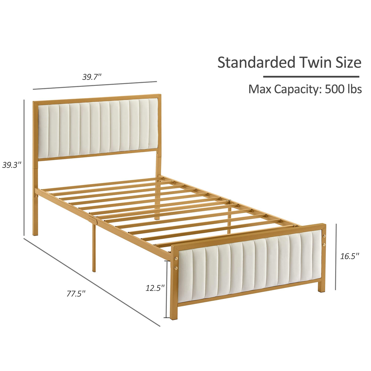 VECELO Twin Bed Frame with Upholstered Tufted Headboard & Footboard, Heavy Duty Steel Slats Platform, No Box Spring Needed, Gold VECELO