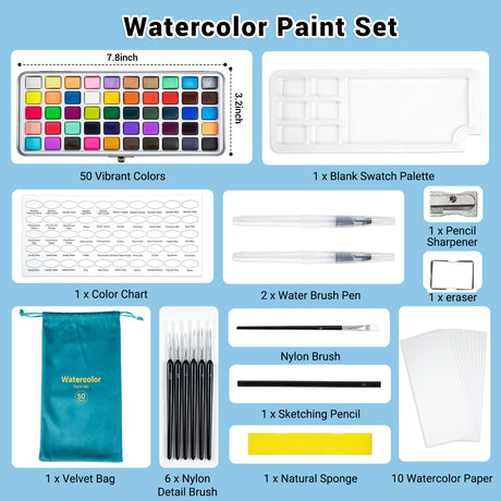 APOGO Watercolor Paint Set,50 Colors in Portable Box Travel Watercolor Set,Water Color Paint Sets for Kids,Adult and Beginner Watercolor Painting Kits with Watercolor Papers and Brushes Art supplies APOGO