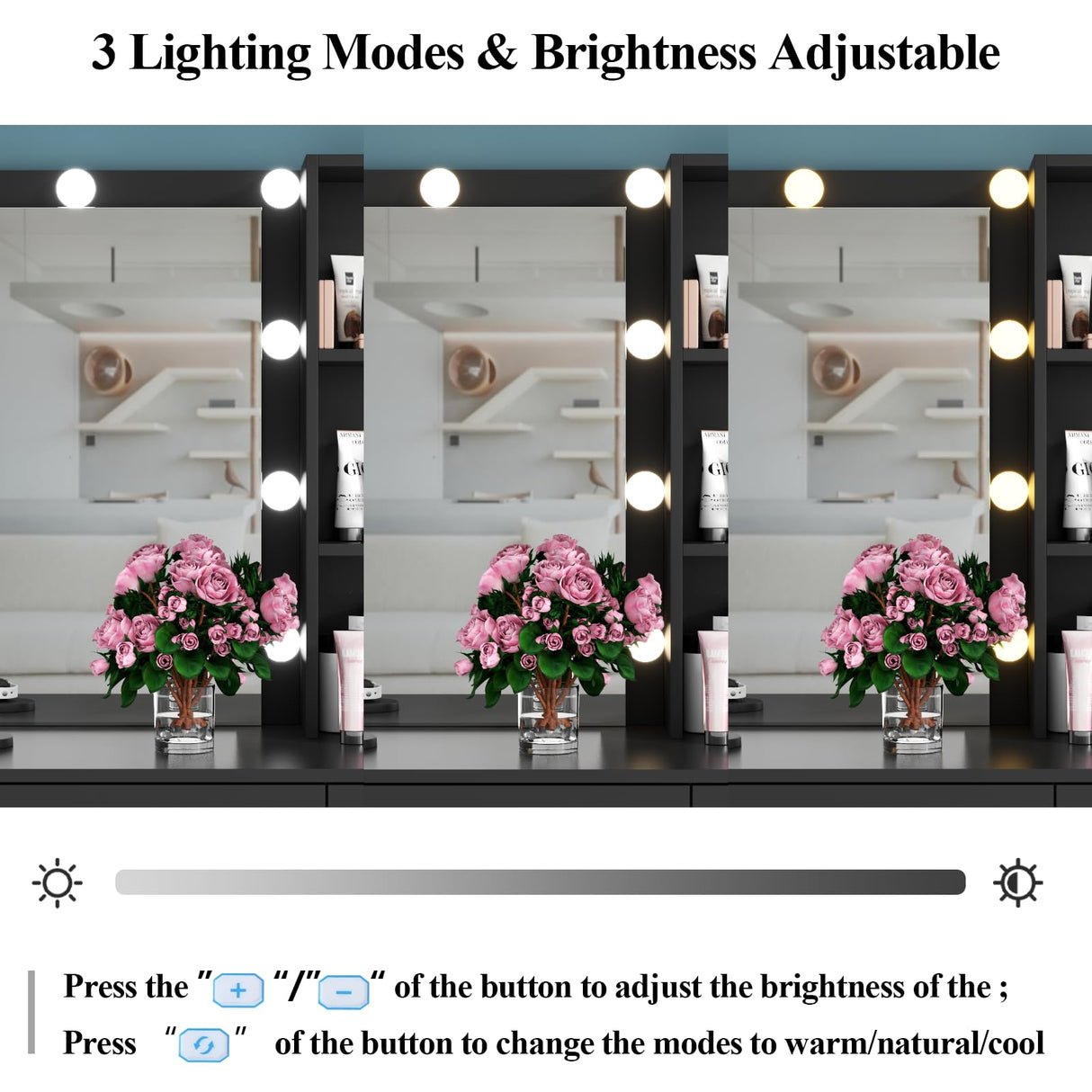 Gyfimoie 39 Inches Black Vanity Desk with Lights, 6-Drawers Makeup Vanity Table with Power Strip and Storage Shelves, Dressing Table with Lighted Mirror for Women Girls (Black) Gyfimoie