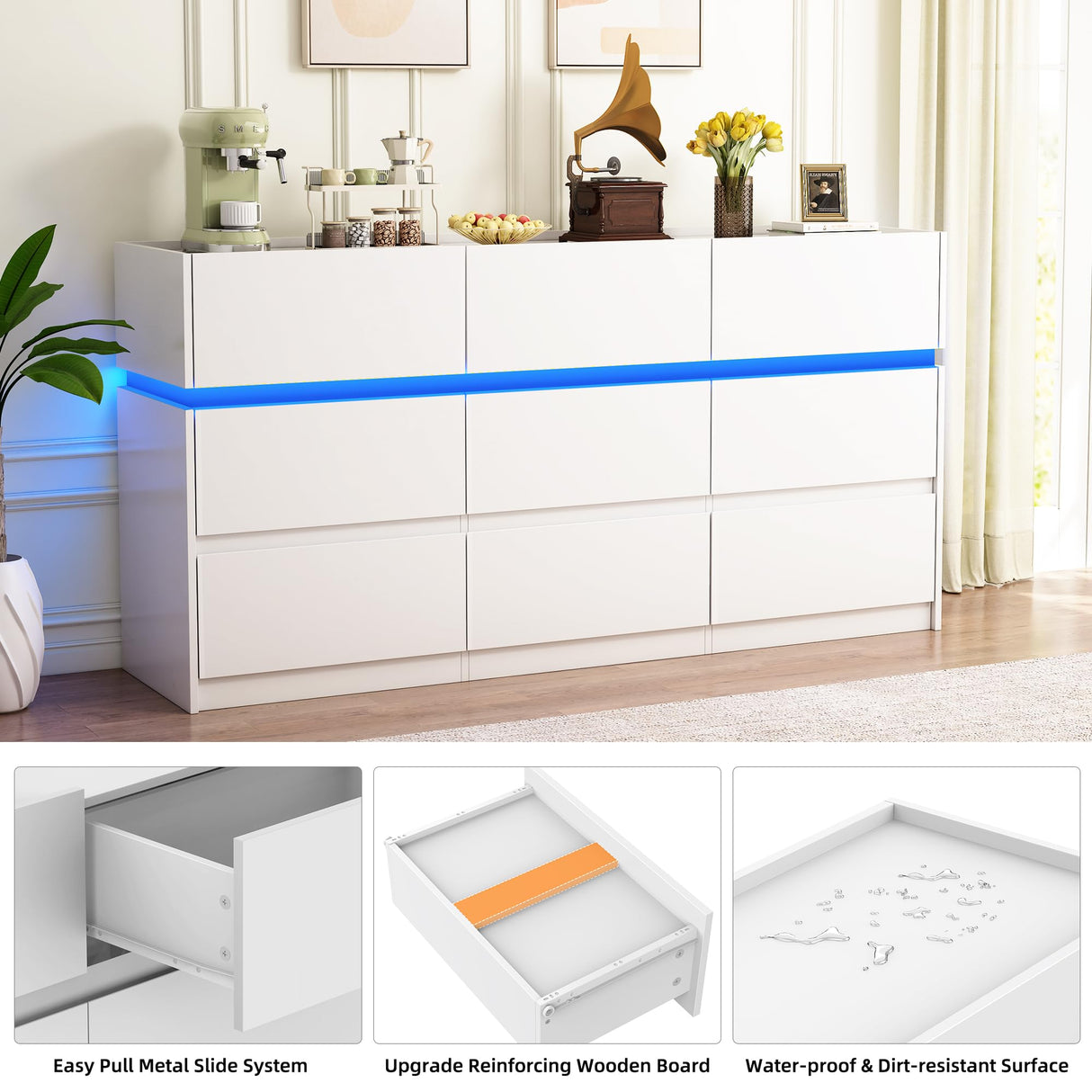 OTUTUMUS White Dresser of 9 Drawers - 61” Wide Chest of Drawer Organizer, Modern TV Stand Storage Cabinets with Large Wood Drawers for Bedroom, Living Room, Entryway, Hallway OTUTUMUS