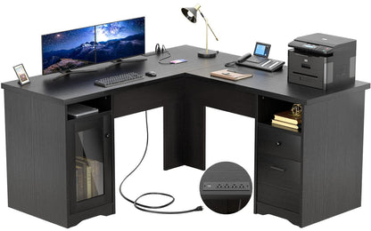 Unikito L Shaped Office Desk with Drawers, 60 Inch Computer Desk with Power Outlet & USB Charging Port, Large Corner Desk with File Cabinets, 2 Person Sturdy Executive Desk with Storage Cabin - WoodArtSupply