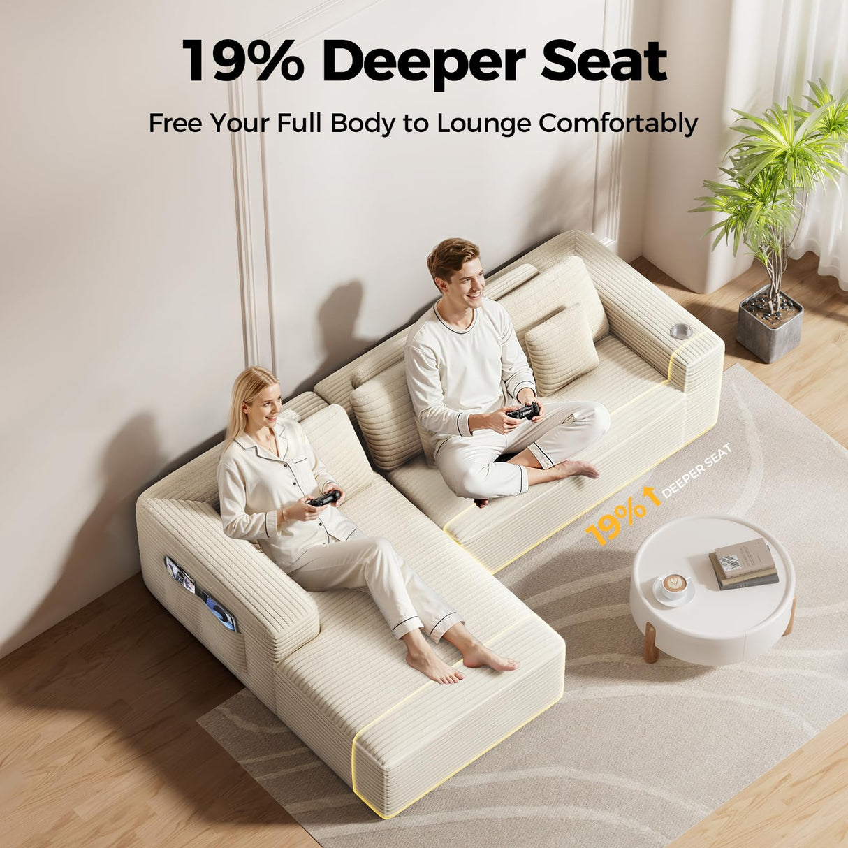 CAMMOO 108” Cloud Sectional Couch in One Box, Compressed Modern Modular Sectional Sofa with Deep Seat, Corduroy Boneless Couches with Chaise, L-Shaped Sofa for Living Room, 4 Storage Pockets(Beige) CAMMOO