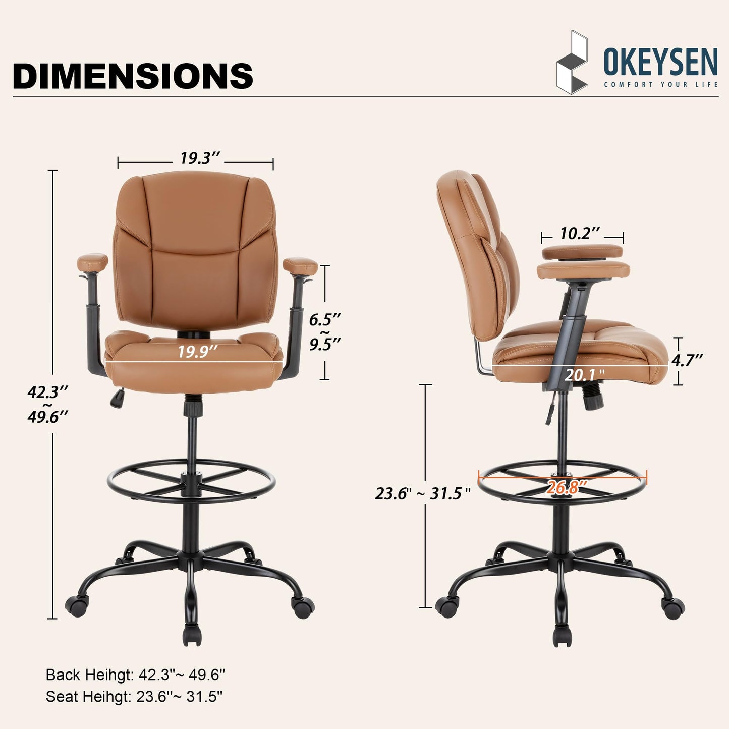 Okeysen Drafting Chair Standing Desk Chair, 500 LBS Leather Big and Tall Office Chair with Adjustable Armrests & Foot Ring, Modern Tall Desk Chair with Mid Back, Swivel Rolling Drafting Stool.