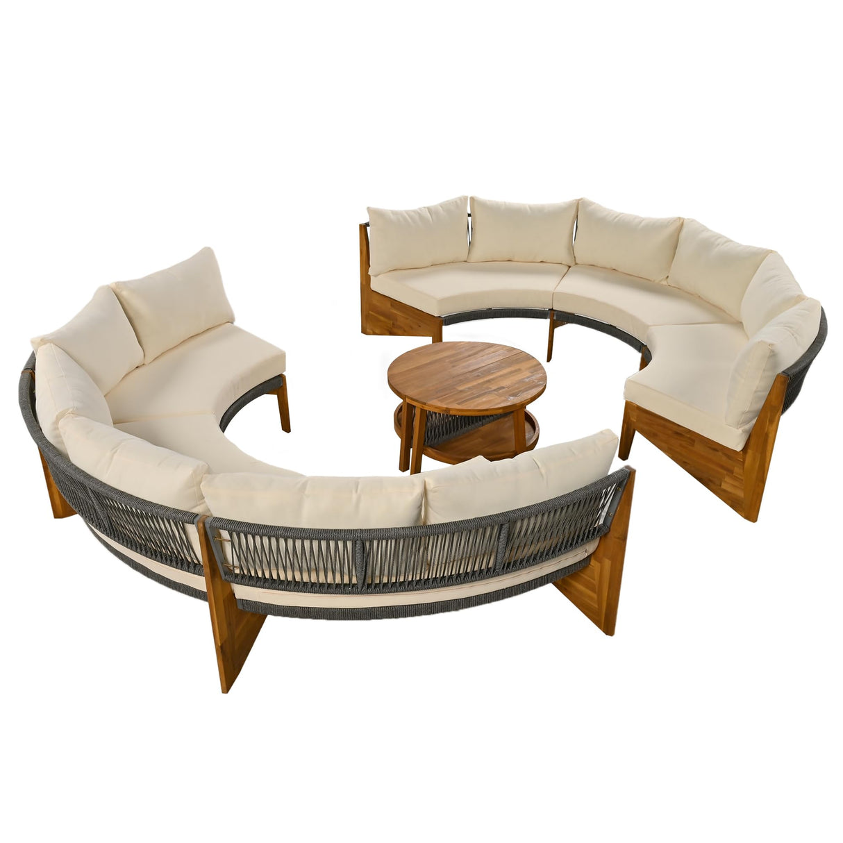 NCKMYB Curved Outdoor Sofa Round Patio Furniture for 6 Persons, 2 Half Moon Outdoor Conversation Set with Coffee Table for Garden Backyard Terrace, Beige NCKMYB