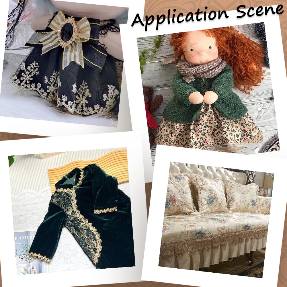 CABODYALS Metallic Glitter Gold Flower Lace Trim Embroidery Wavy Edge Applique Tassel Rose Floral Embroidered Fabric Polyester Ribbons Bulk for Sewing Making Decor Embellishment DIY Crafts Supplies CABODYALS