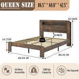 SAMTRA Wooden Bed Frame Queen Size with Storage Headboard, Farmhouse Platform Bedframe with Bookcase Shelf & Led Lights, Sturdy Wood Slat Framework Bed Frame (Rustic Brown) SAMTRA