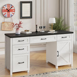 Farmhouse 61'' Executive Desk with 5 Drawers, Rustic Office Desk Computer Desk with Charging Station, File Drawers and Storage Cabinet, Wood Workstation for Home Office and Study.(Black Top) Vabches