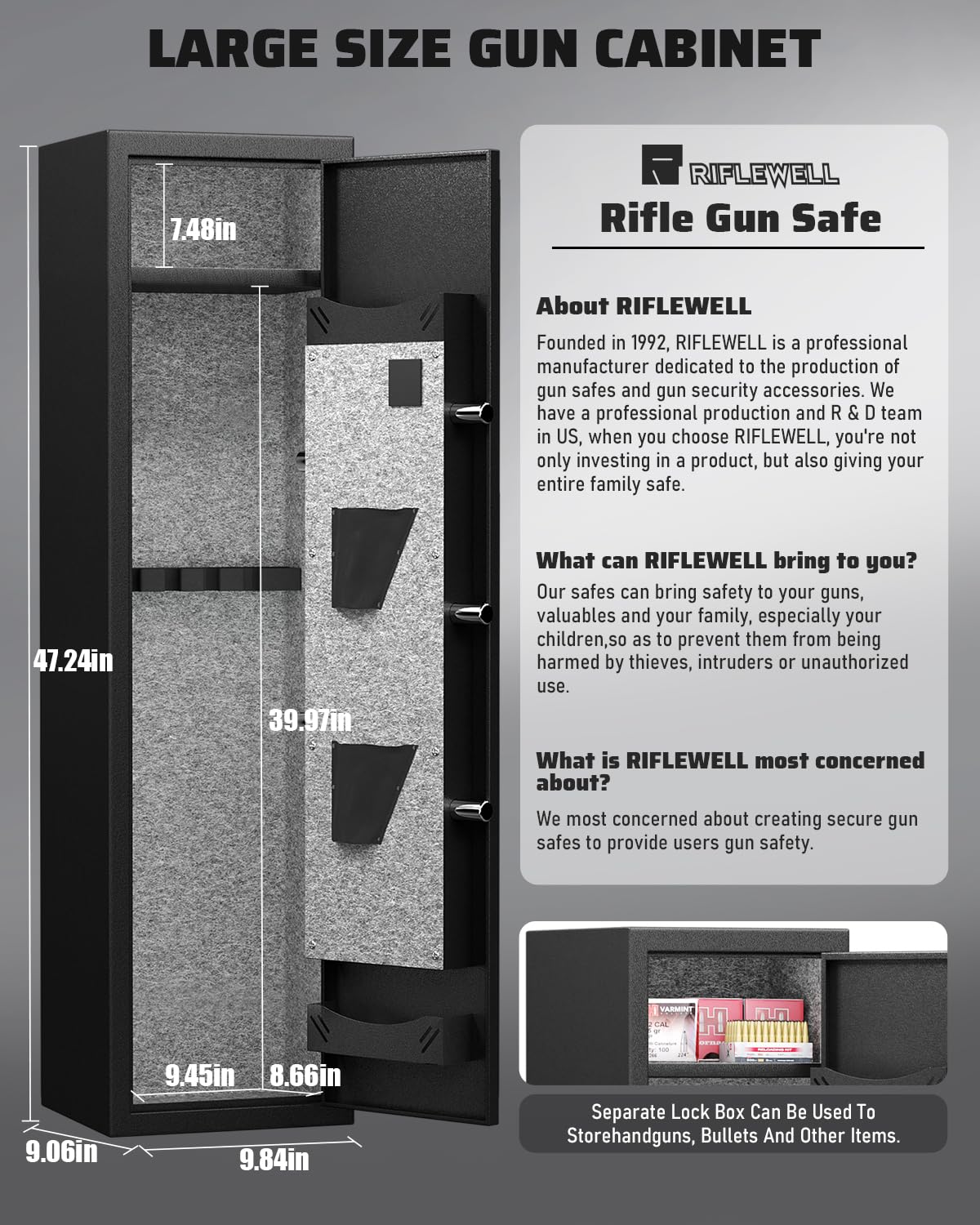 Gun Safe, 2 Rifle Gun Safe, Gun Safes for Home Rifle and Pistols, Quick Access Gun Cabinets with LED Light, Rifle Safe with Adjustable Gun Rack and Removable Shelf Riflewell