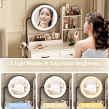 Fameill Makeup Vanity Desk with Lights and Round Mirror, White and Gold Vanity Makeup Table, Small Vanity Set Make Up Vanity with Lots Storage, 3 Lighting Modes, 31.5in(W)… (Traditional) Fameill
