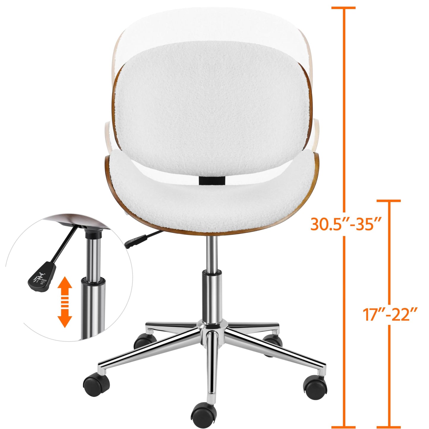 Yaheetech Ergonomic Desk Chair Armless Office Chair Mid-Century Bentwood Seat Computer Chair Boucle Fabric Swivel Chair Height Adjustable for Bar Meeting Room Hotel, White