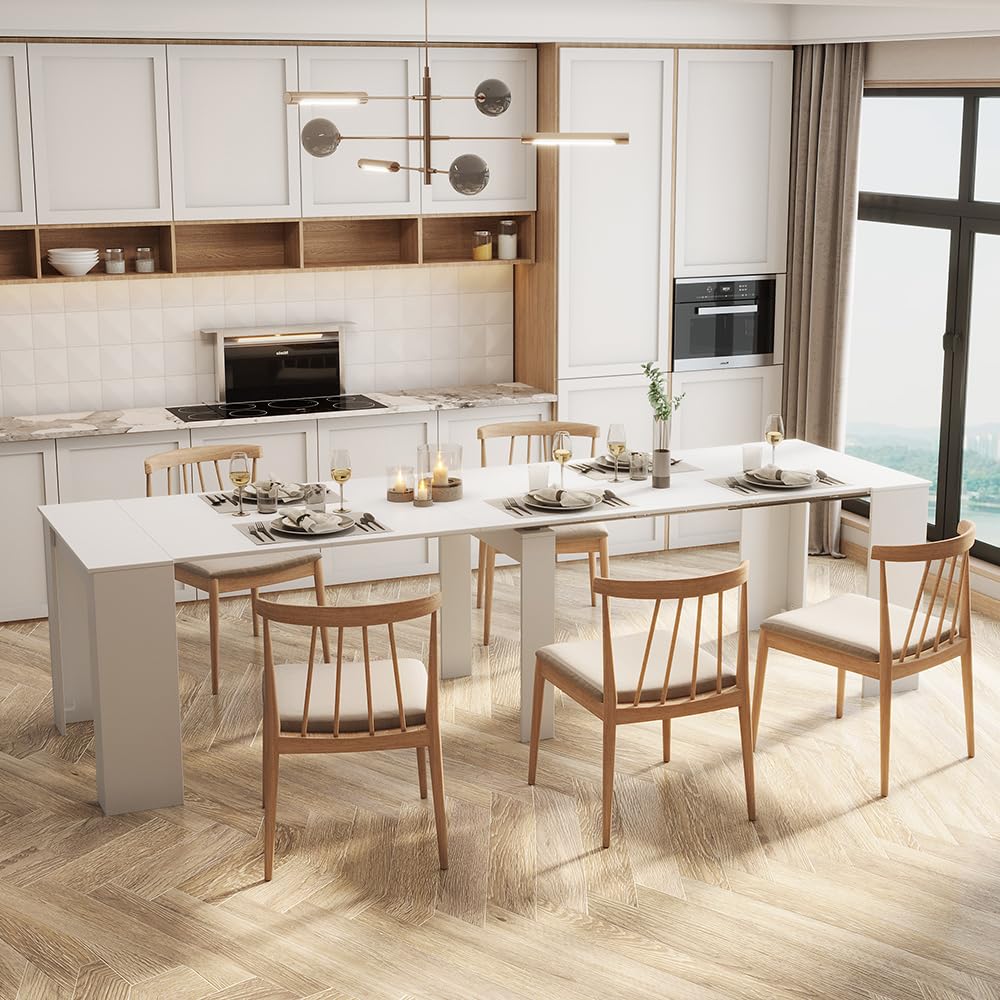 Kennkari Modern Expandable Dining Table for 2-10 People, Large Extendable Dining Room Table for Kitchen Living Room, Rectangle Kitchen Table (White 118" W) Kennkari