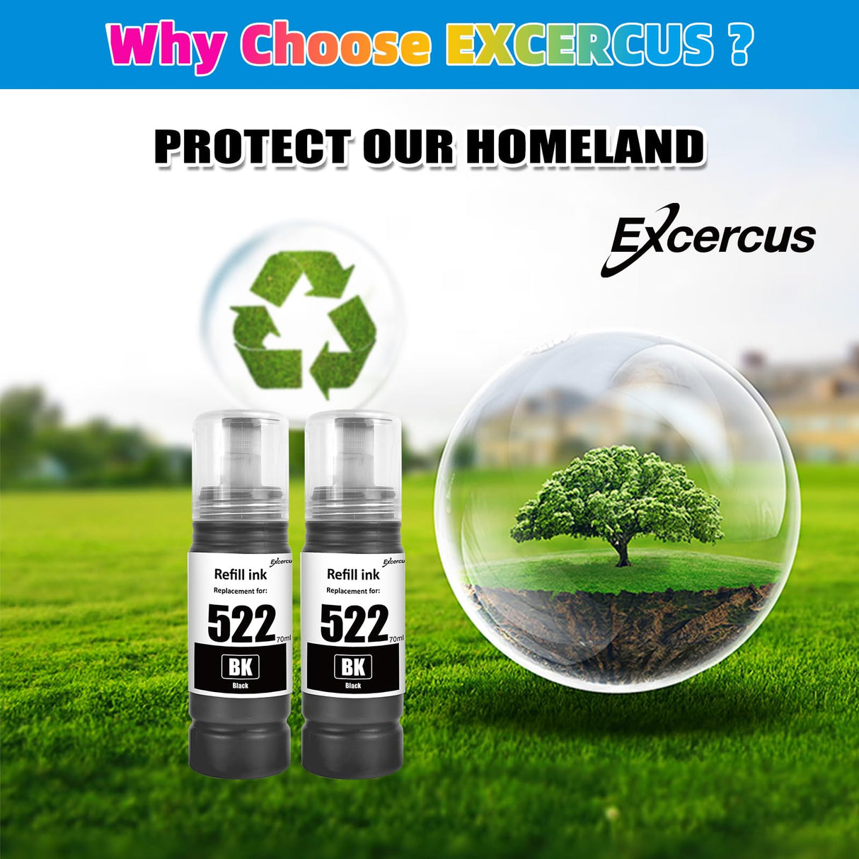 EXCERCUS T522 522 Ink Refill Bottles Compatible for Ecotank ET-2760 ET-4760 ET-2750 ET-2720 ET-3760 ET-2850 ET-15000 ET-2800 ET-4700 ST-4000 ST-2000 ET-3710 ET4810 ET-3850 Printer (2BK) EXCERCUS