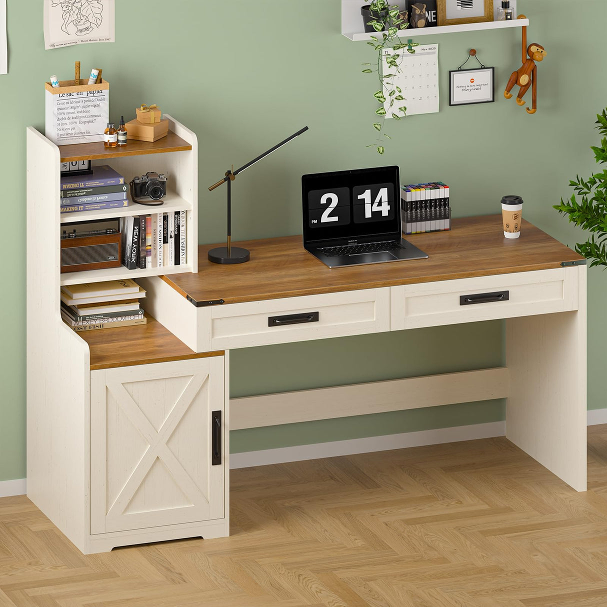 YOMILUVE Farmhouse Computer Desk with Drawers & Shelves, 60'' Home Office Desk with Bookshelf, Vanity Desk Writing Study Table with Storage, Antique White YOMILUVE