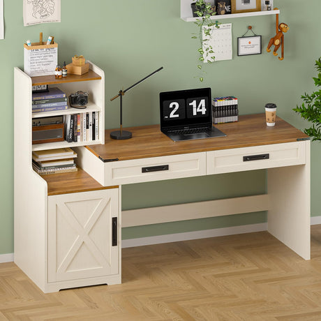 YOMILUVE 60'' Farmhouse Computer Desk with Drawers, Home Office Desk with Bookcase, Vanity Desk Writing Study Table with Storage, Antique White YOMILUVE