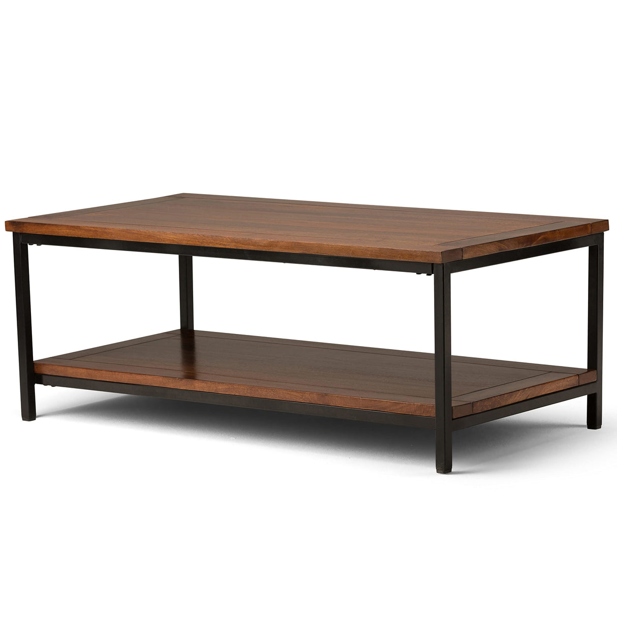 SIMPLIHOME Skyler SOLID MANGO WOOD and Metal 48 inch Wide Rectangle Modern Industrial Coffee Table in Dark Cognac Brown, for the Living Room and Family Room SIMPLIHOME