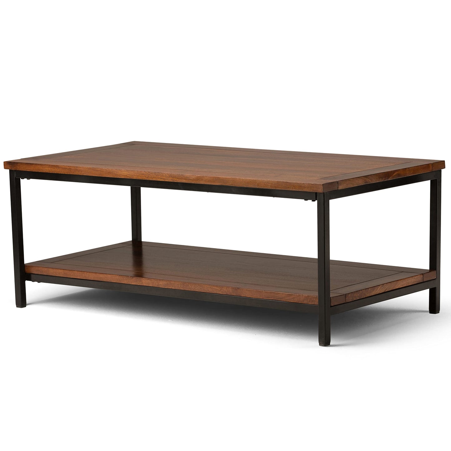 SIMPLIHOME Skyler SOLID MANGO WOOD and Metal 48 inch Wide Rectangle Modern Industrial Coffee Table in Dark Cognac Brown, for the Living Room and Family Room - WoodArtSupply