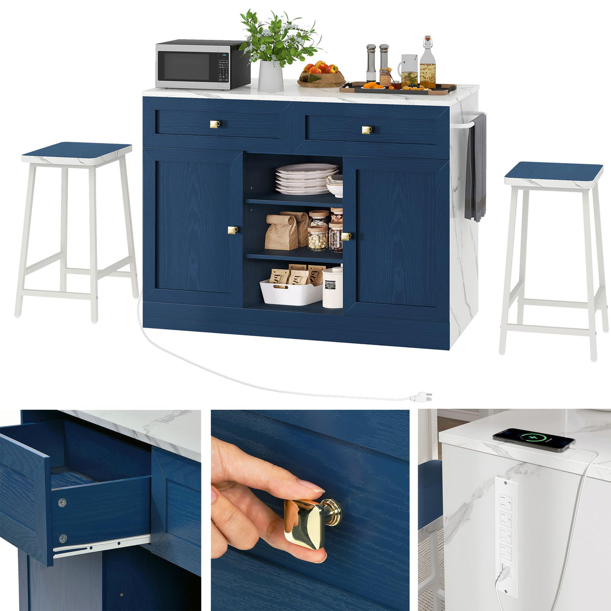 YITAHOME 3 Piece Kitchen Island Set with 2 Chairs, Large Kitchen Island with Seating and Storage, Dining Counter Table with Power Outlet, Drawers, Spice/Towel Rack, White Marble Finish, Navy Blue YITAHOME