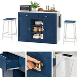 YITAHOME 3 Piece Kitchen Island Set with 2 Chairs, Large Kitchen Island with Seating and Storage, Dining Counter Table with Power Outlet, Drawers, Spice/Towel Rack, White Marble Finish, Navy Blue YITAHOME