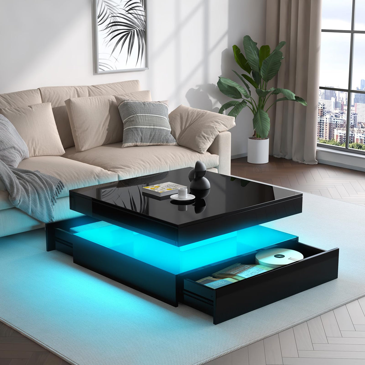 FKWin LED Coffee Table for Living Room with Storage - High Glossy Modern White Center Table with 2 Drawers, Square Wooden Middle Table with 16-Color Lights 31"" x 31"" x 14.6"" (Black) FKWin